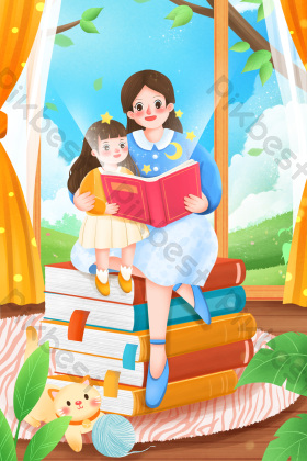 世界读书日妈妈和孩子一起看书插画图片