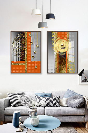 现代抽象爱马仕橙几何金色线条装饰画图片
