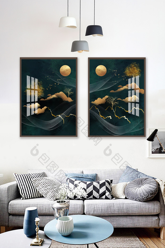 新中式轻奢金色山水线条客厅装饰画图片图片