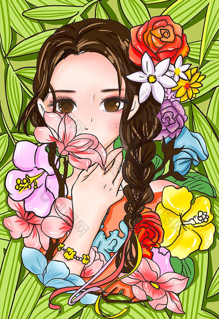 春天春暖花开女人百花香插画