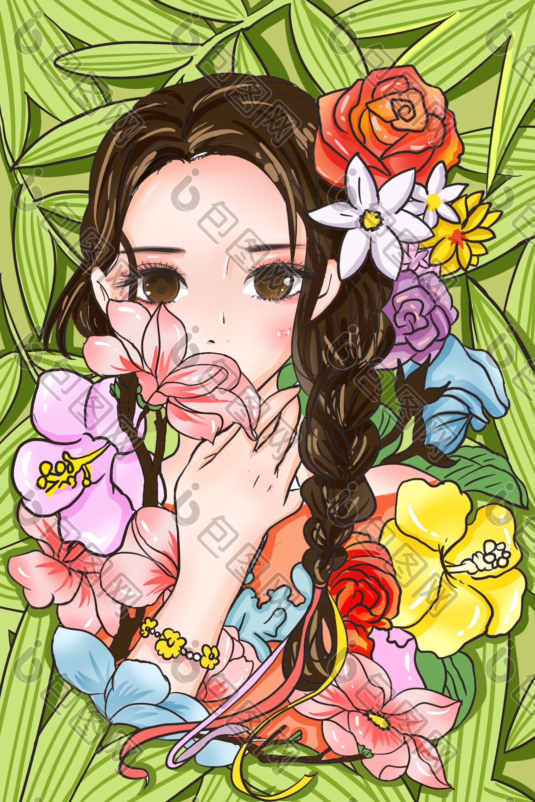 春天春暖花开女人百花香插画图片