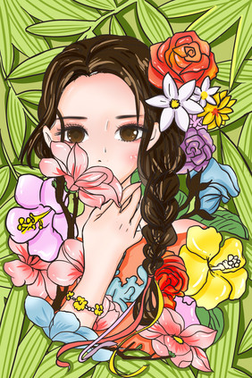 春天春暖花开女人百花香插画