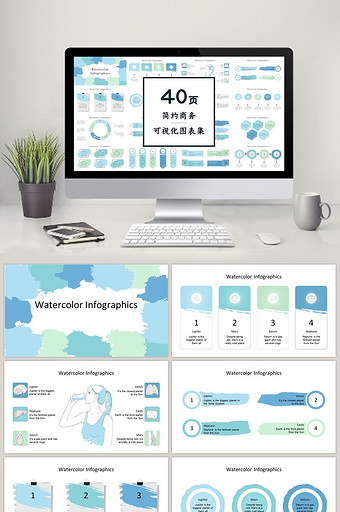蓝绿色清新40页图表合集PPT模板图片
