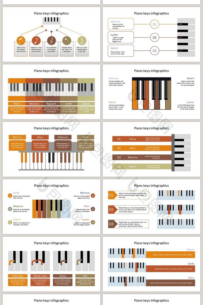 深棕色钢琴40页图表合集PPT模板