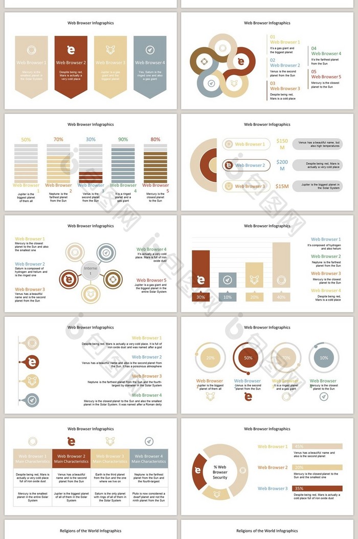 棕色创意商务40页图表合集PPT模板