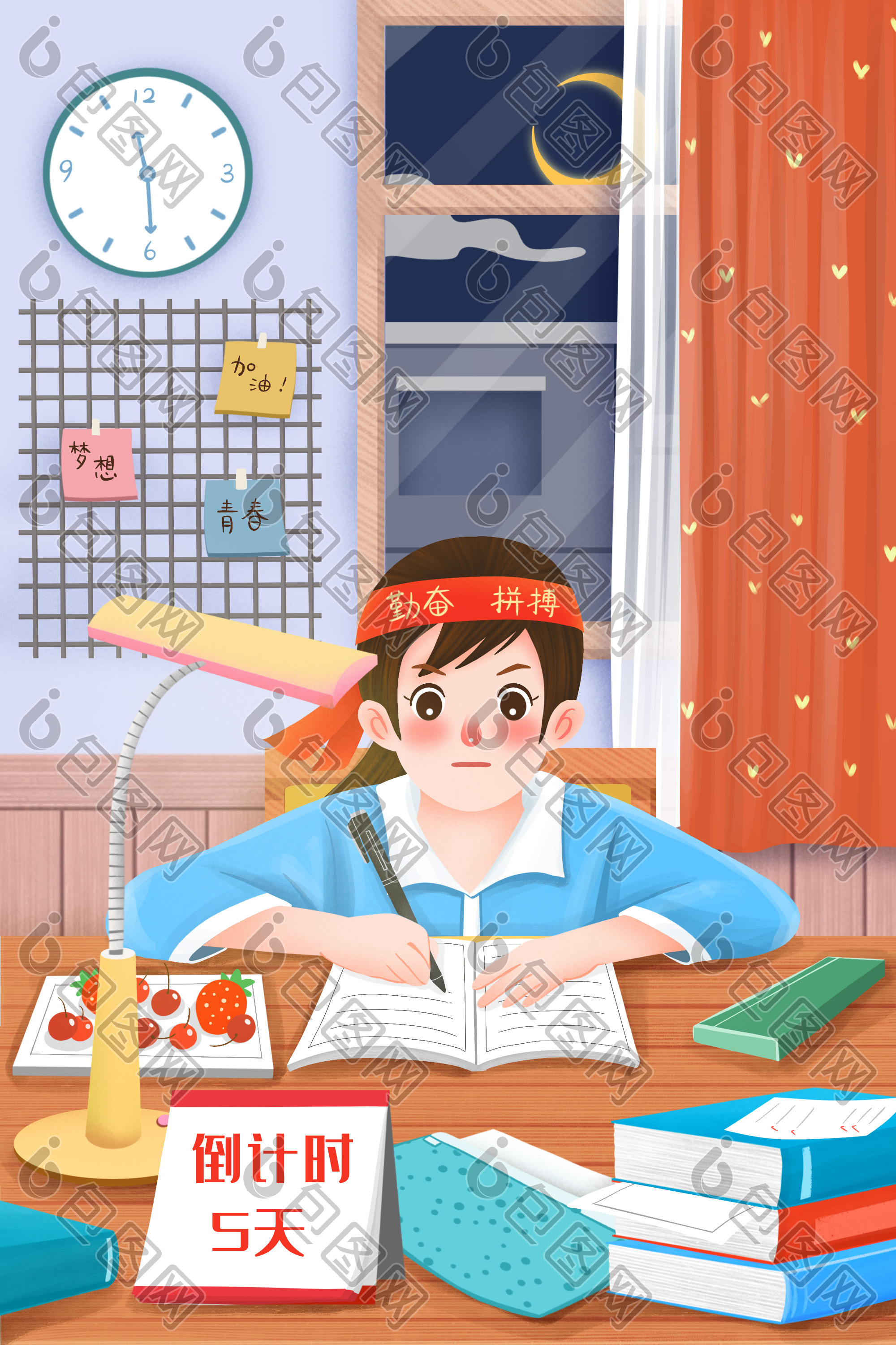 深夜勤奋学习的学生插画