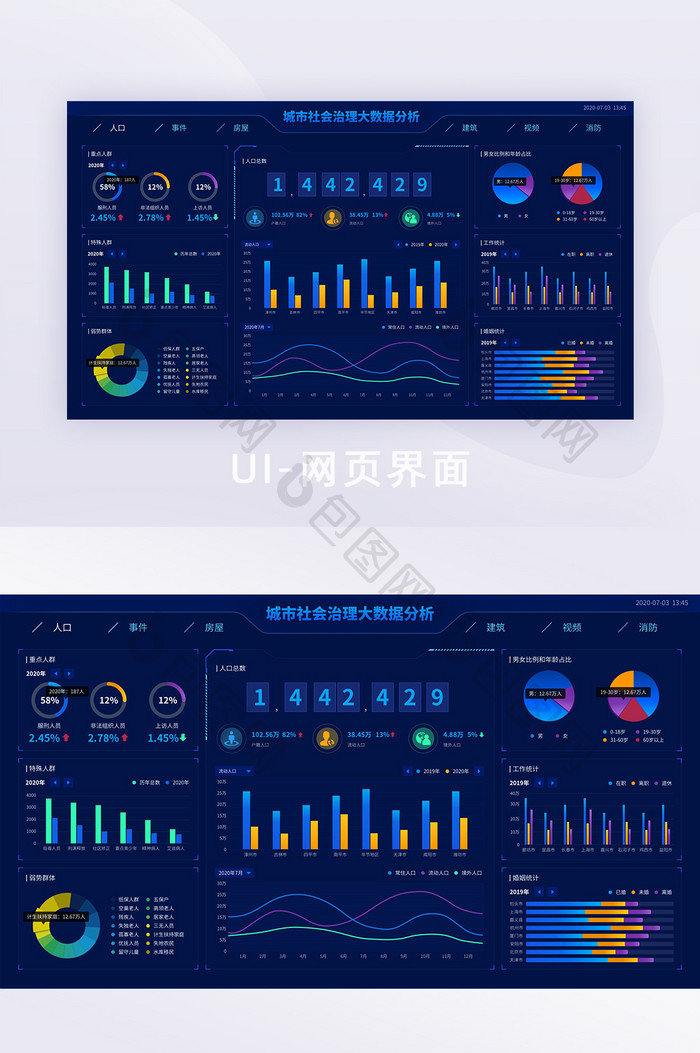 深蓝色智慧城市社会治理可视化大数据界面