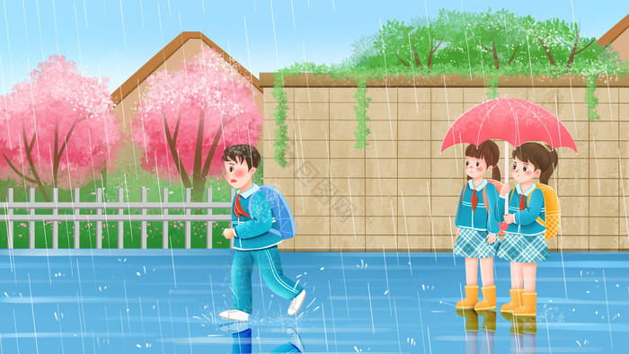 谷雨下雨天气没带伞的学生插画