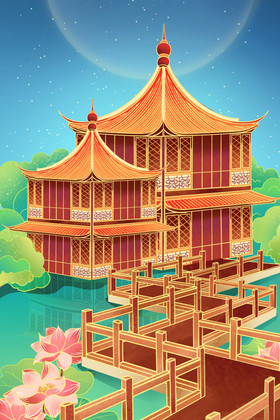 中国风山水古风中式建筑装饰插画图片