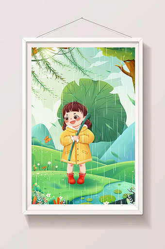 清新二十四节气谷雨叶子遮雨女孩春天插画图片