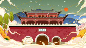 湖北省玉泉寺旅游插画