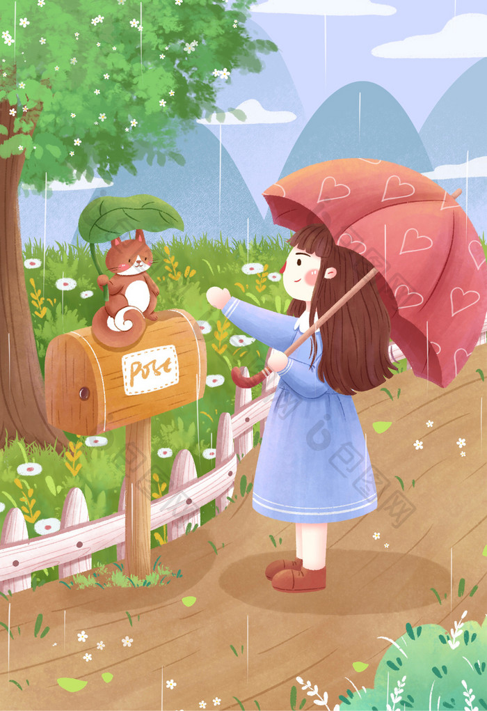 清新手绘谷雨节气女孩插画