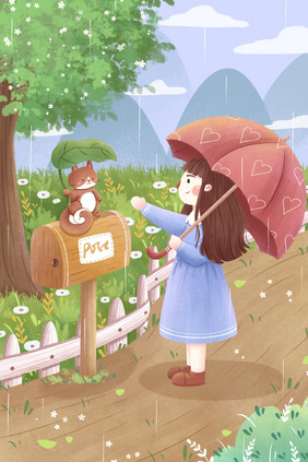 清新手绘谷雨节气女孩插画