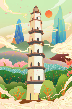 绍兴大善塔旅游插画