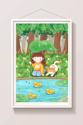 手绘清新谷雨节气女孩与猫咪森林插画图片