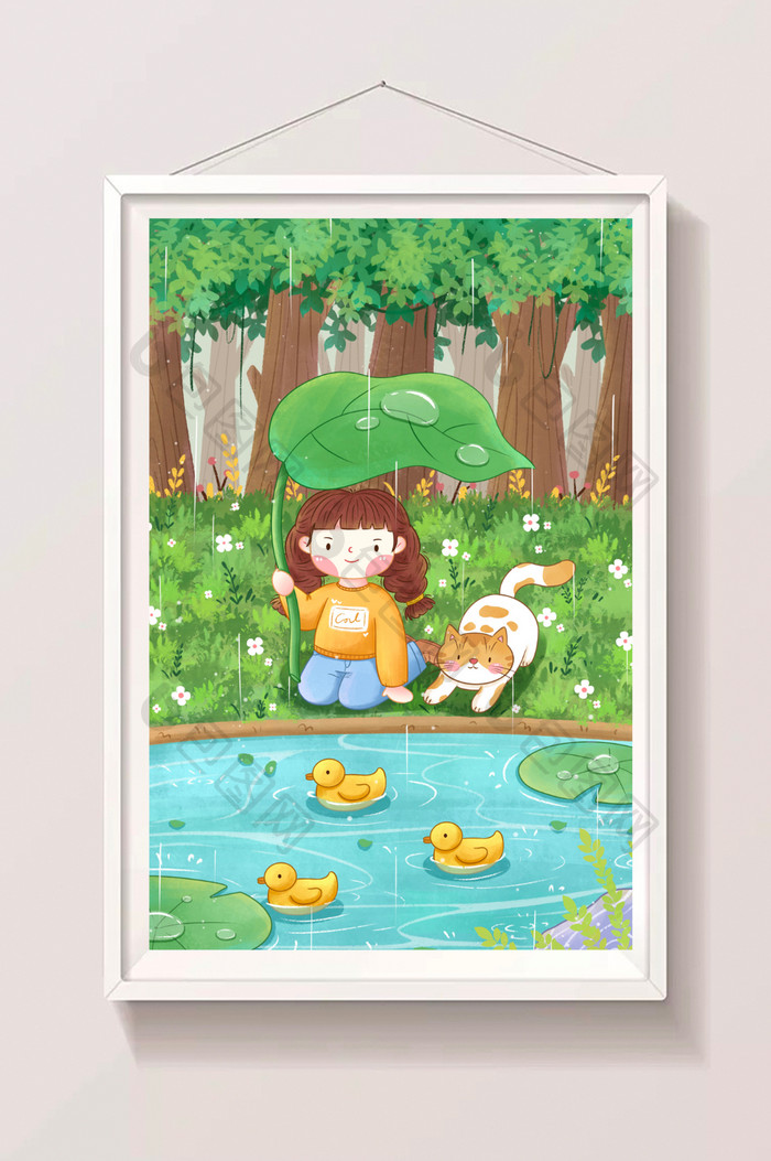 手绘清新谷雨节气女孩与猫咪森林插画