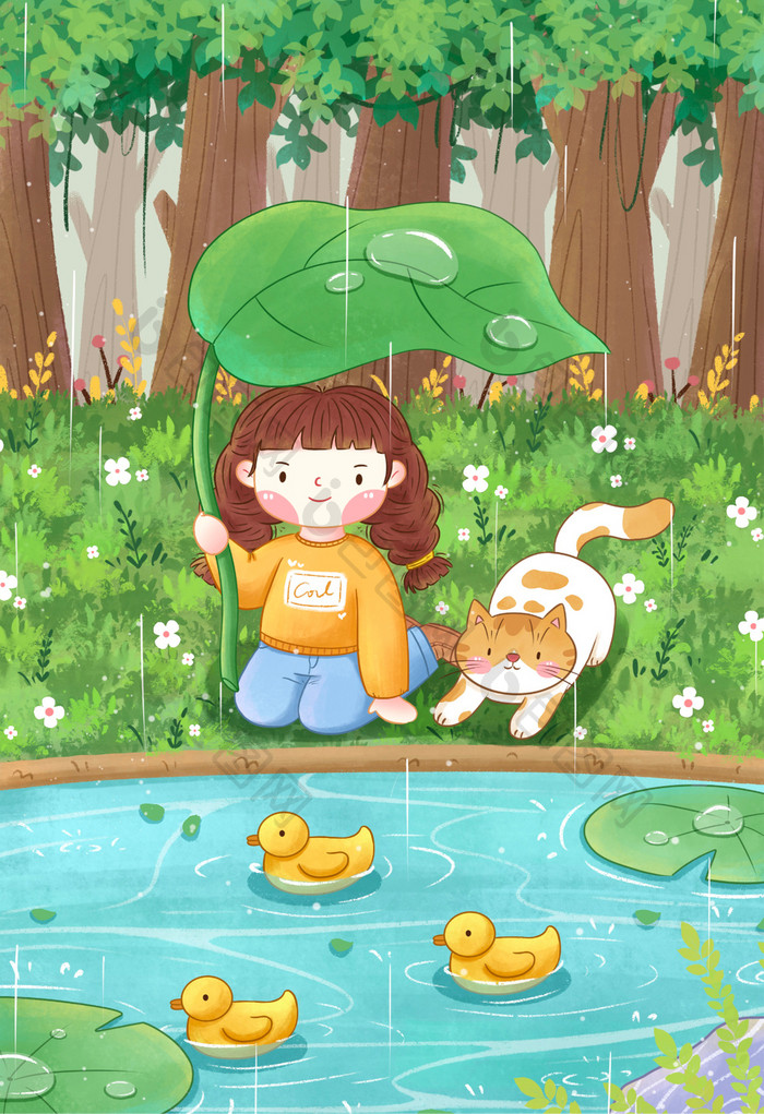 手绘清新谷雨节气女孩与猫咪森林插画