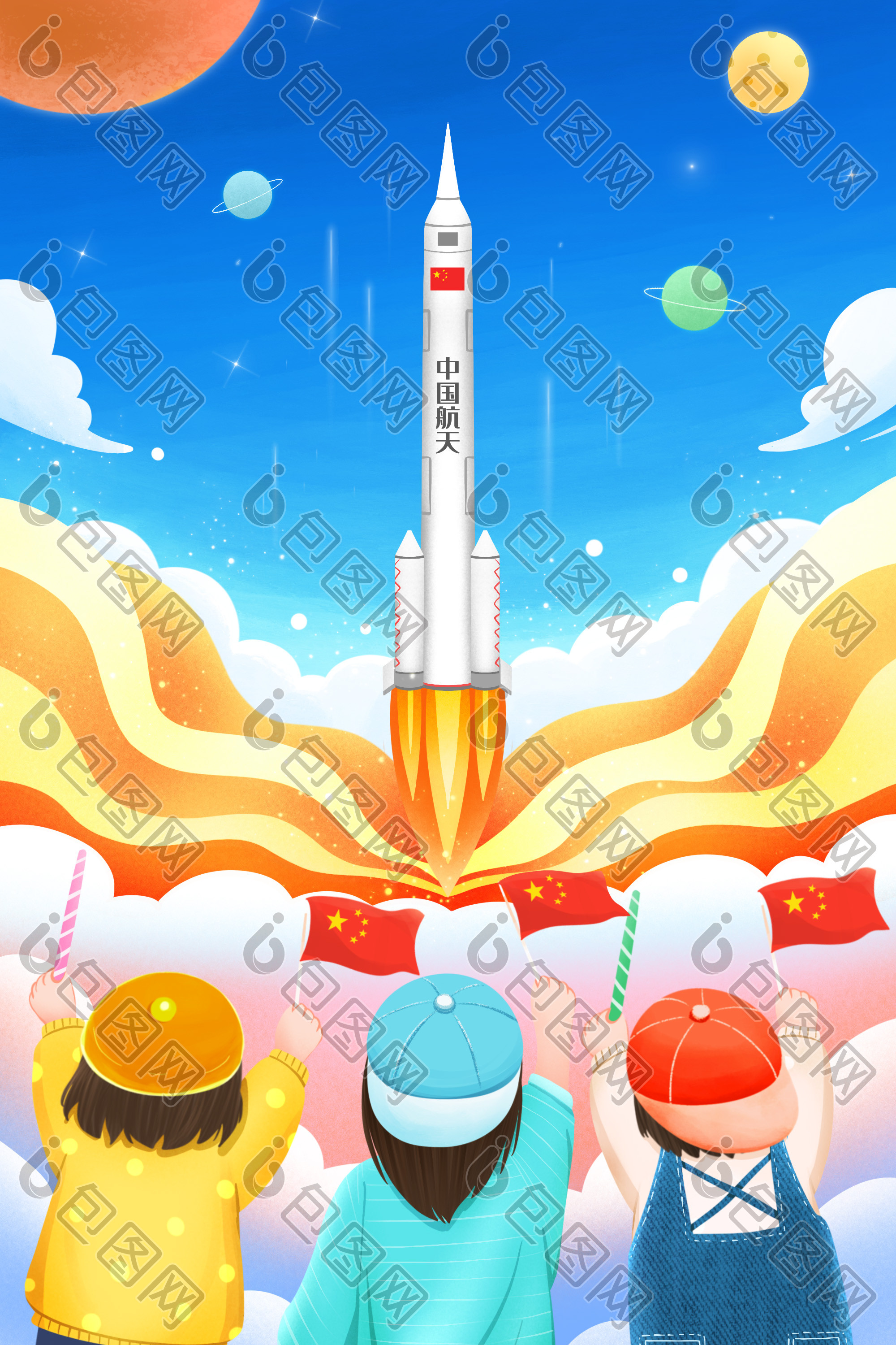 人们庆祝中国发射航天火箭插画图片
