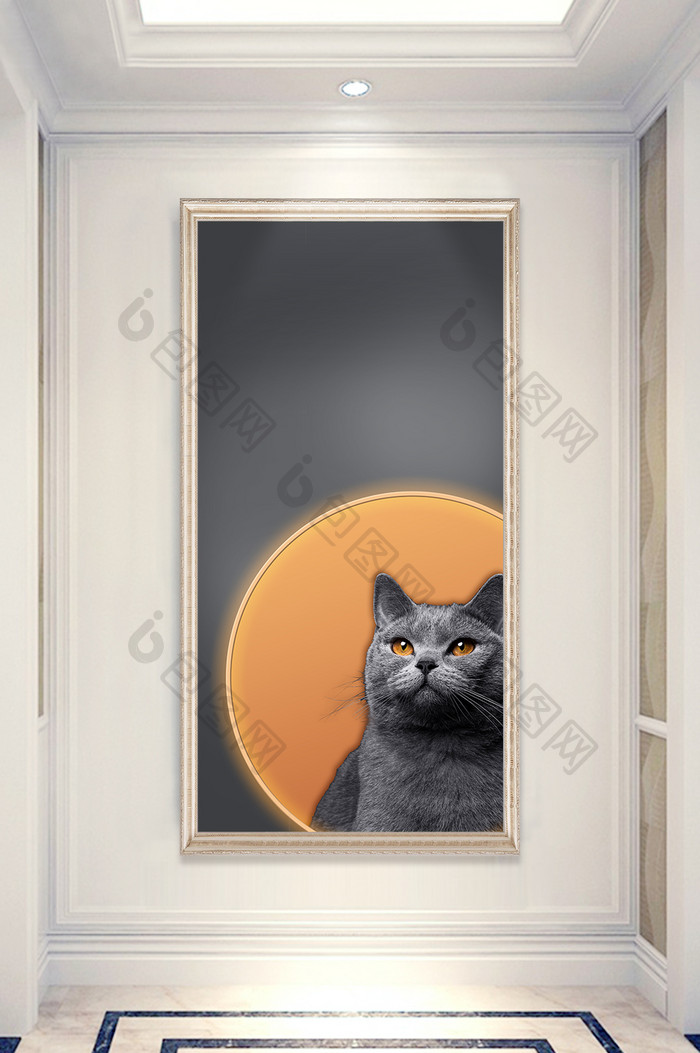 现代简约轻奢抽象橙色艺术黑猫玄关画