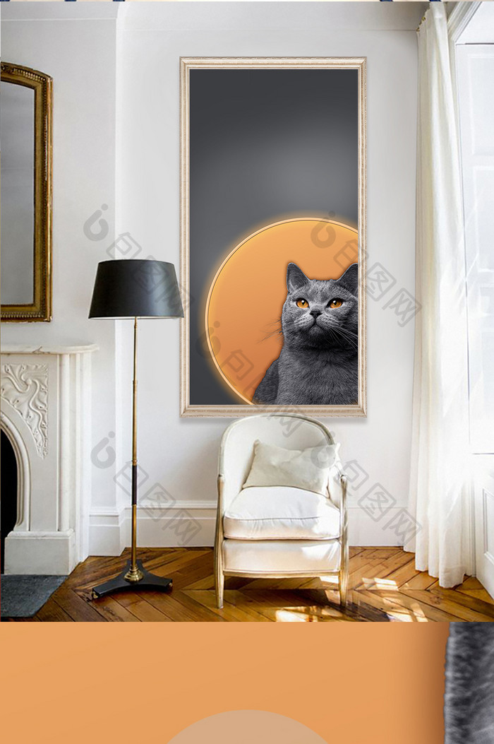 现代简约轻奢抽象橙色艺术黑猫玄关画