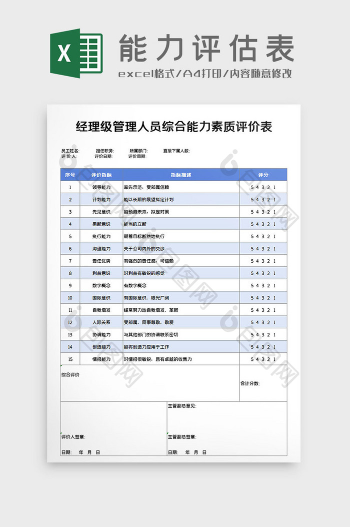 管理人员综合能力素质评价表Excel模板