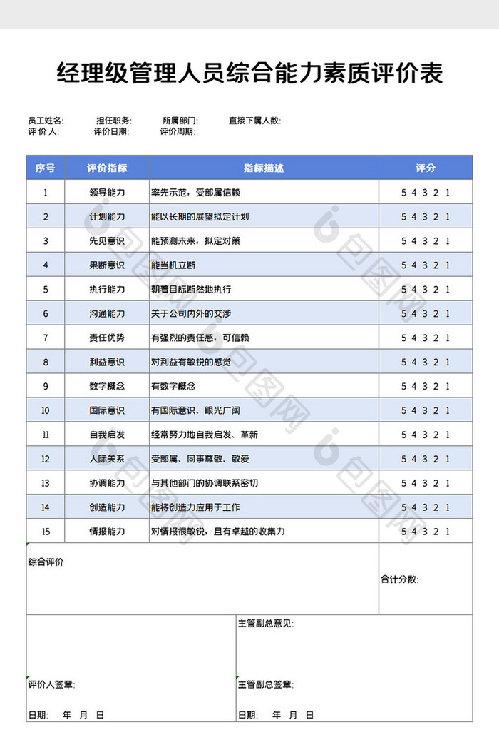 管理人员综合能力素质评价表Excel模板