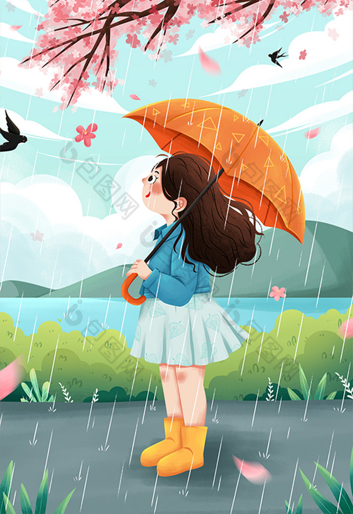 清新二十节气谷雨雨中女孩樱花插画