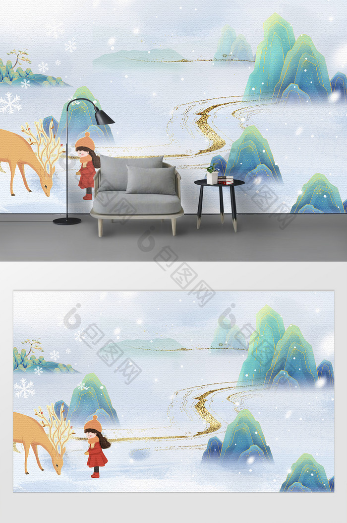 国潮纹理简约卡通少女鹿儿童房背景墙