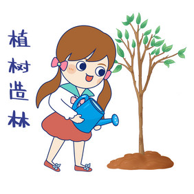 小清晰温馨可爱卡通踏春女孩植树节GIF图