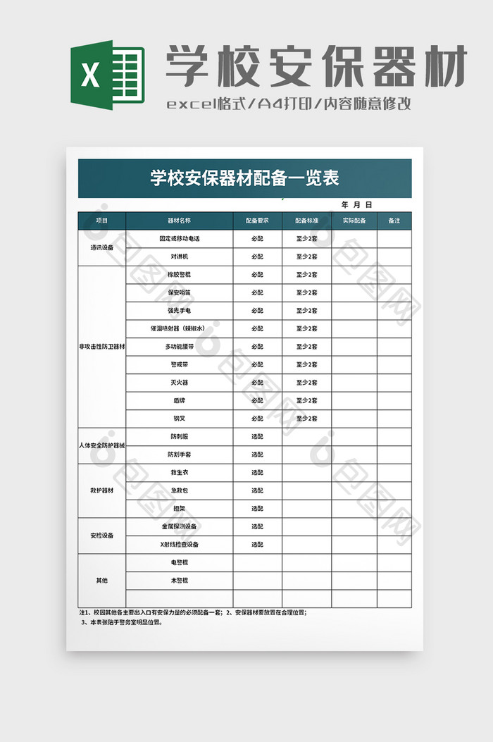 学校安保器材配备一览表excel模板