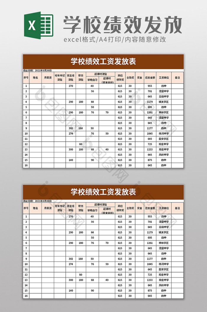 学校绩效工资发放表exccel模板