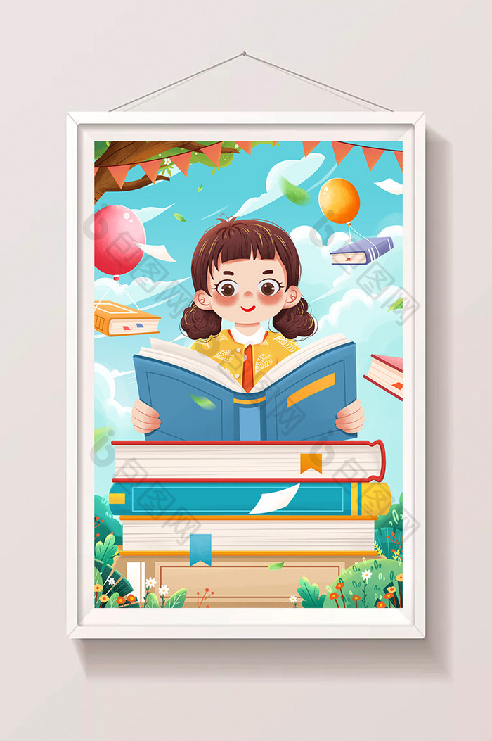 清新4.23世界读书日看书阅读女孩插画