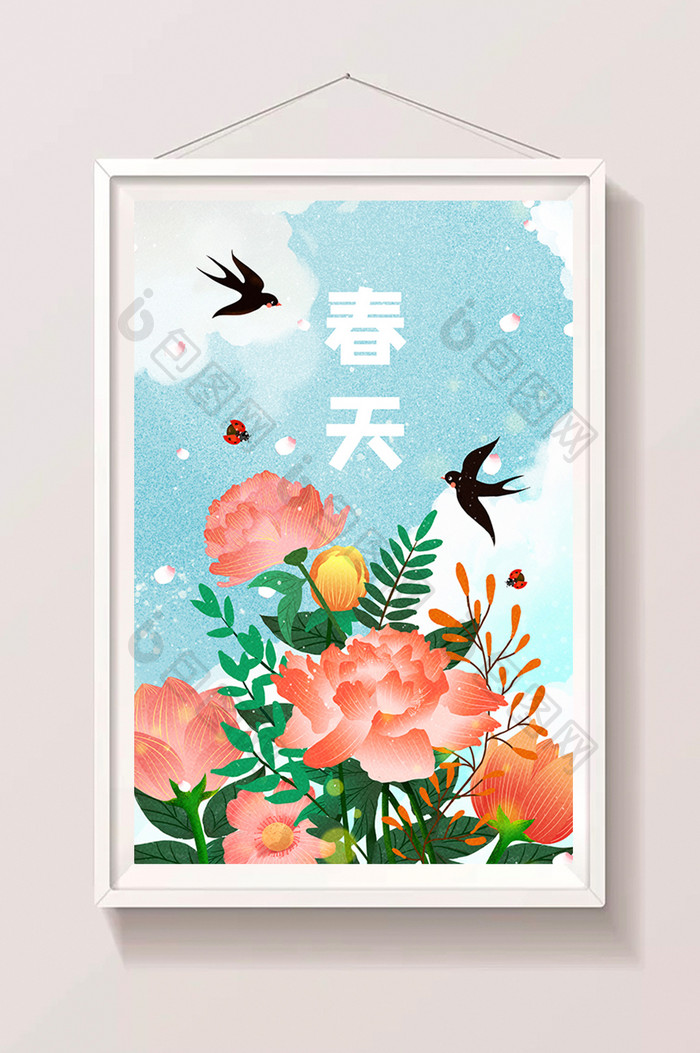 小清新治愈春天花海牡丹花背景插画