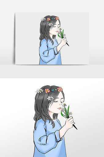 手绘头戴花环女孩