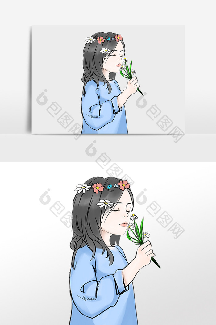 手绘头戴花环女孩