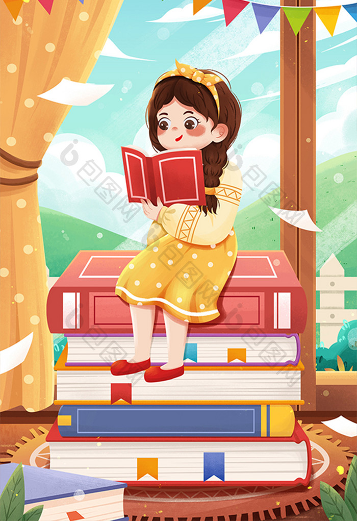 清新4.23世界读书日女孩看书阅读插画