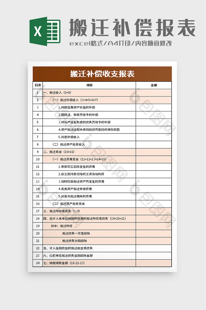 搬迁补偿收支报表excel模板