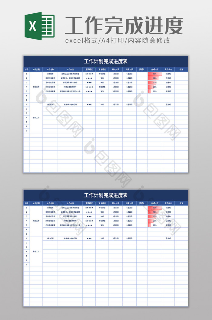 工作计划完成进度表excel模板