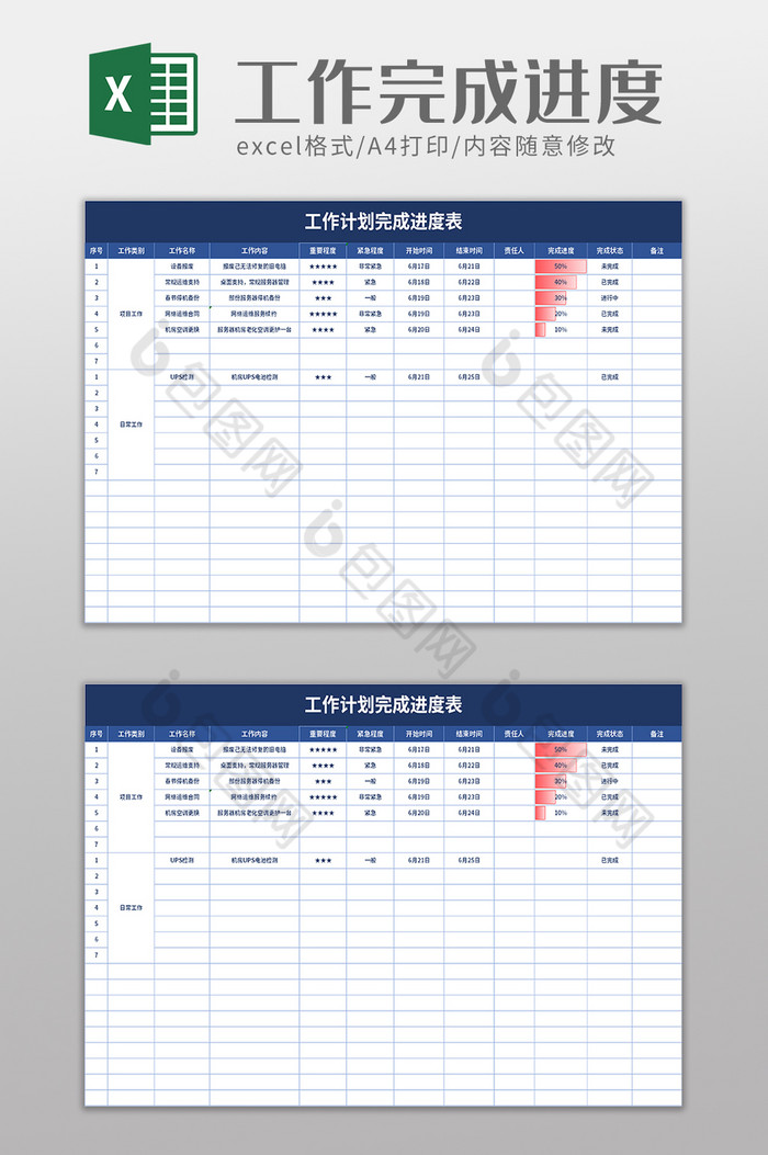 工作计划完成进度表excel模板图片图片