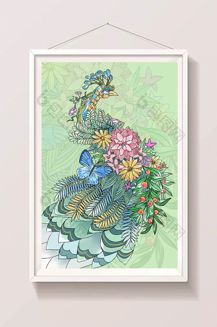 蓝色绿色扁平孔雀花插画