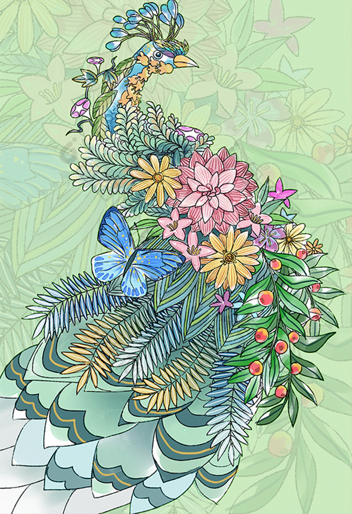 蓝色绿色扁平孔雀花插画