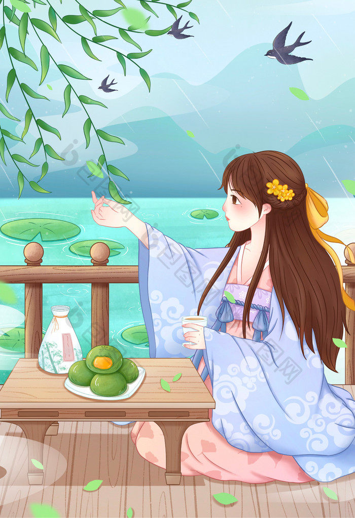 清明节节气女孩插画