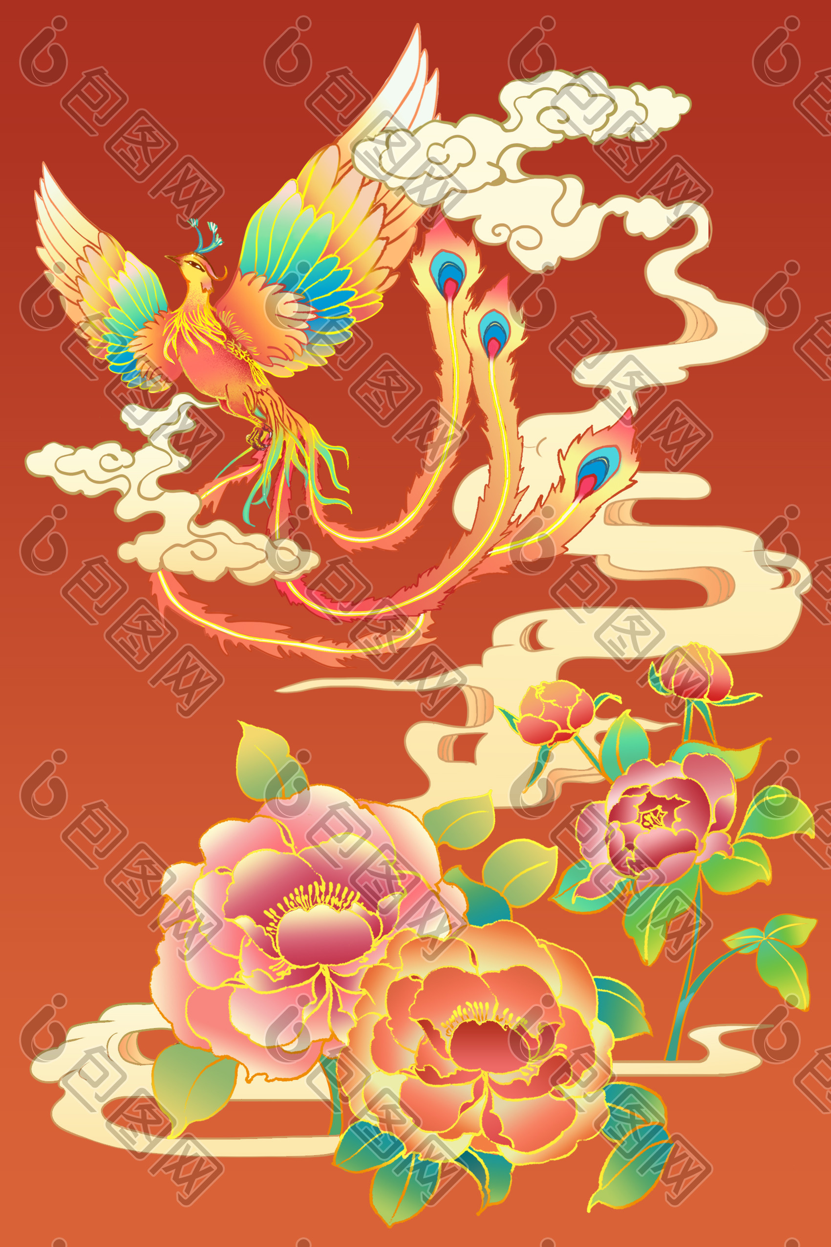 红色国潮牡丹花妙笔生花大赛插画