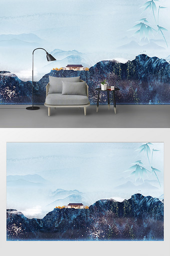 蓝色中国风鎏金风禅意客厅背景墙图片