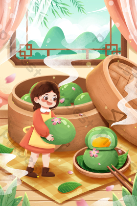 寒食节吃青团女孩清明节插画图片
