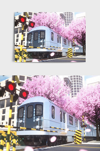 粉色系春季现代城市樱花主题C4D创意场景图片