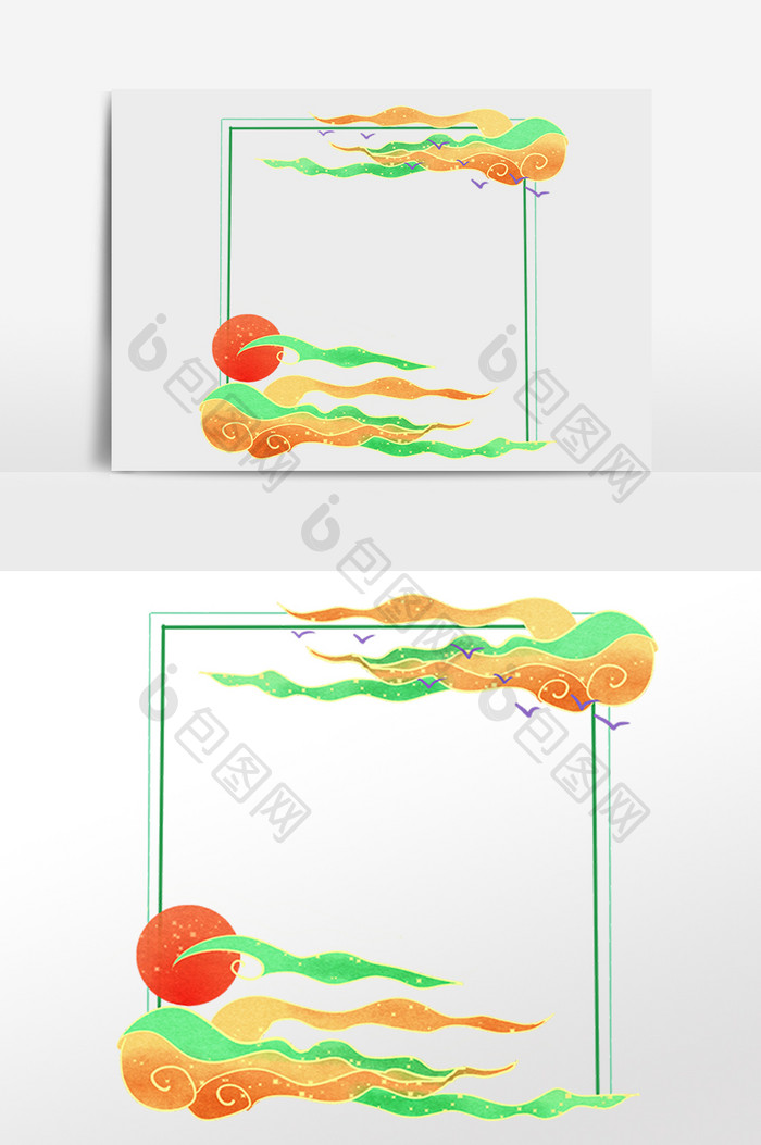 国潮国风祥云日落边框