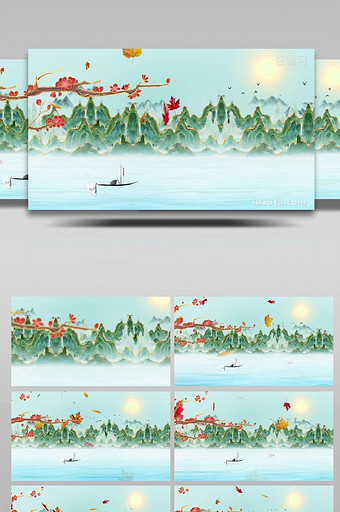 水墨鎏金风格国风山水小船背景视频AE模板图片