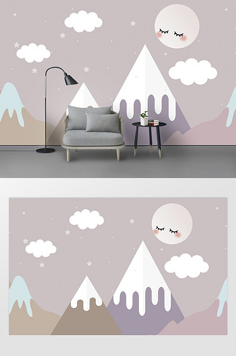 北欧手绘简约雪山星空山谷儿童房背景墙图片