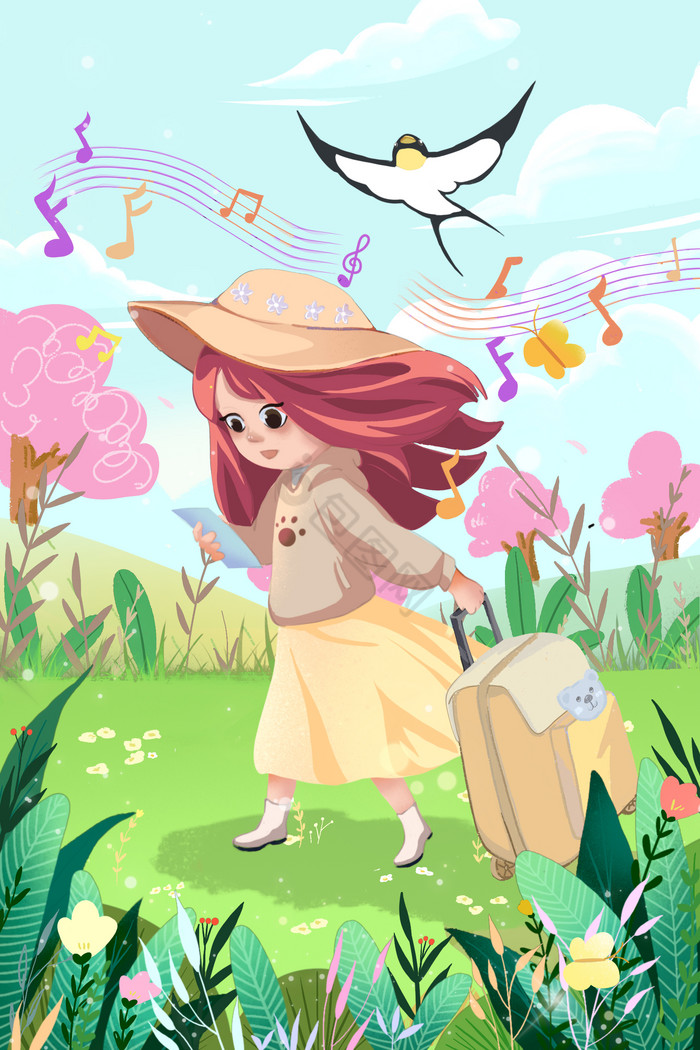 春天旅行旅游郊游小女孩行李箱插画图片